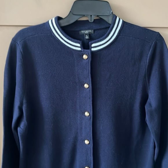 Talbots New no Tag Petite M Navy Stripe Trim Cardigan “Lady Jacket” Cotton Silk - Picture 2 of 8